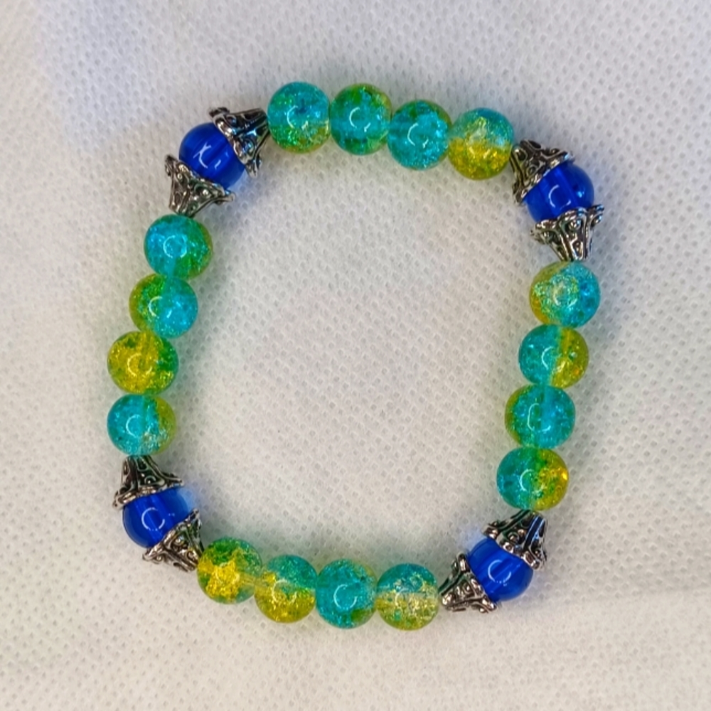 Crack glass bead bracelet blue green yellow